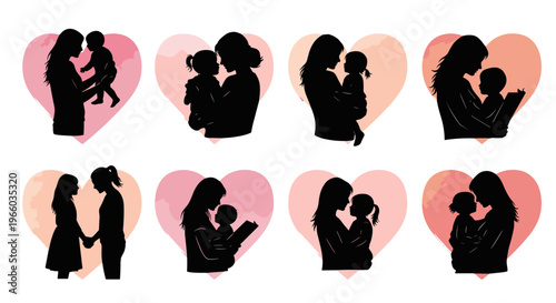 Mother daughter silhouette collection love bonding and family moments in heart