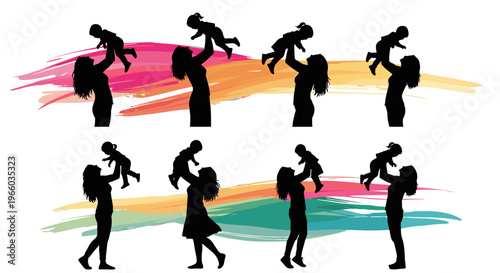 Motherhood joyful moments silhouettes diverse poses with babies against colorful