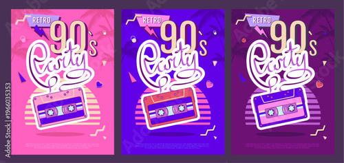 Set of retro colorful disco party posters, covers or banners of 80s-90s. Disco background with audio cassete, sunrise and palm trees. Flat design. Vector illustration