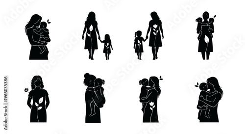 Diverse motherhood silhouettes holding babies toddlers and children with care