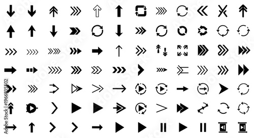Diverse collection of black arrows and navigation symbols on white background