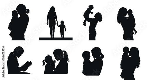 Collection of diverse motherhood silhouettes love care and family bonds
