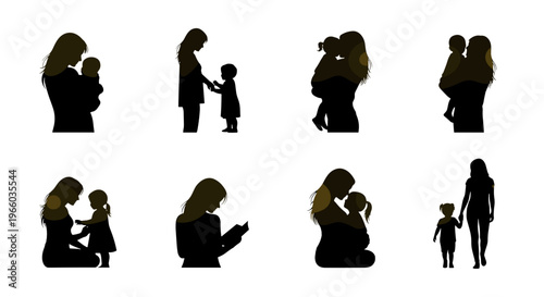 Silhouettes of mothers and children in various tender moments conveying love