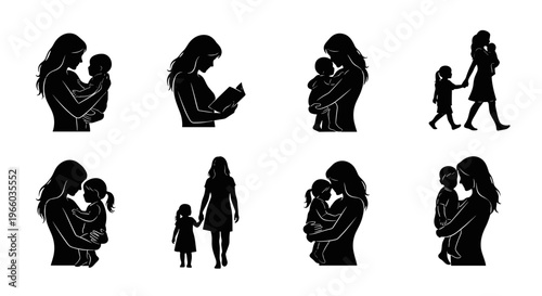 Diverse motherhood silhouettes nurturing moments of family love and connection