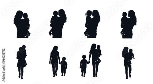 Diverse motherhood silhouettes holding and walking with children celebrating