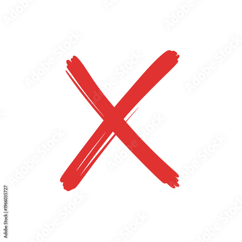 A bold red hand drawn x mark dominates a plain white background signifying rejection or cancellation