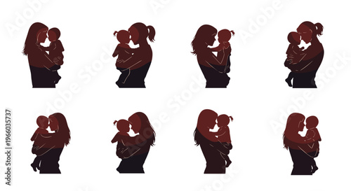 Diverse mother and child silhouette poses collection for family love and care
