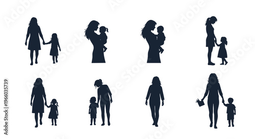Collection of diverse mother and child silhouettes showing love nurturing