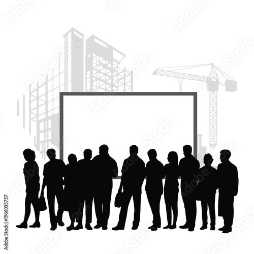 Silhouettes of people standing before construction site and billboard