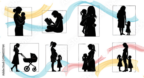 Diverse motherhood moments captured in silhouette art celebrating family bonds