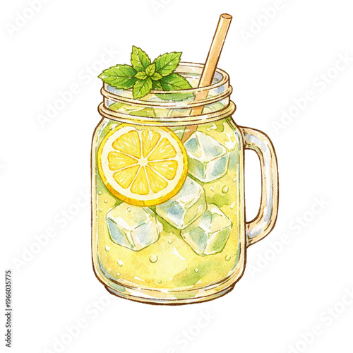 Watercolor Illustration of Refreshing Summer Lemonade in a Mason Jar with Mint and Ice Clipart