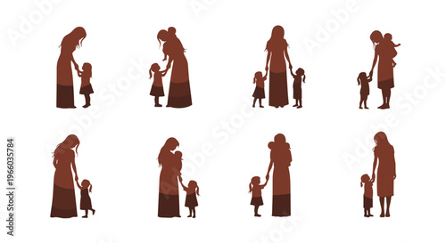 Mother and child silhouettes in various poses representing love and connection