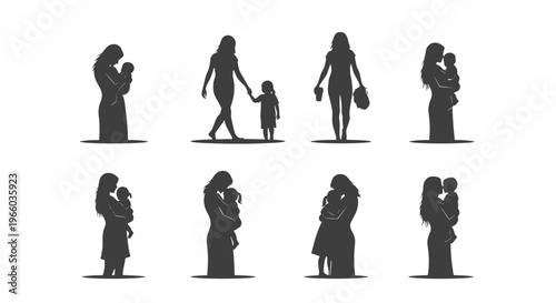 Diverse silhouettes of mothers holding babies and children in warm loving poses