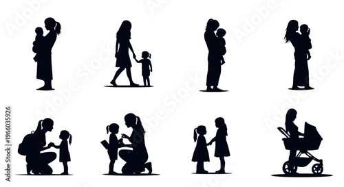 Diverse silhouettes of mothers and children in various tender moments