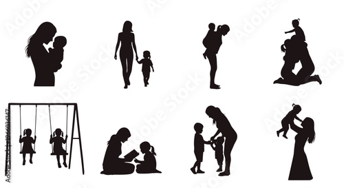 Diverse family silhouettes showcasing love care and childhood activities