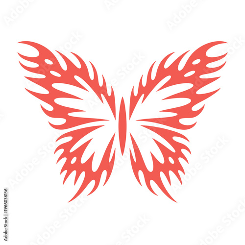 A striking graphic illustration of a butterfly with fiery red and white patterned wings high quality