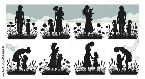 Diverse motherhood moments silhouettes of mothers and children in nature poppies