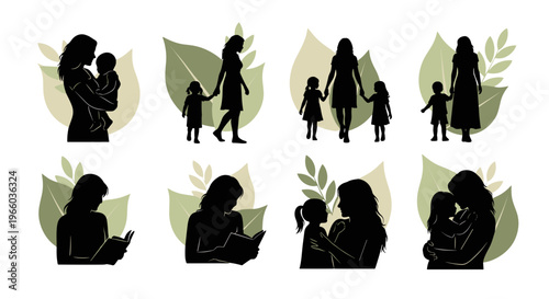 Diverse motherhood moments silhouette collection of nurturing family bonds