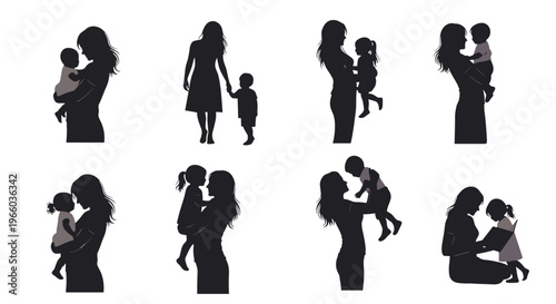 Diverse silhouette collection mother and child bonding moments warmth love family