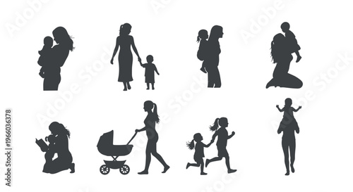 Diverse motherhood moments collection silhouettes of moms with children strollers