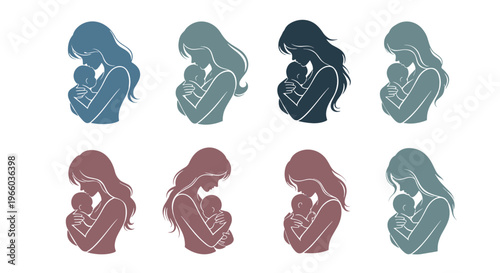 Diverse mother and child silhouettes in various color palettes for family and love