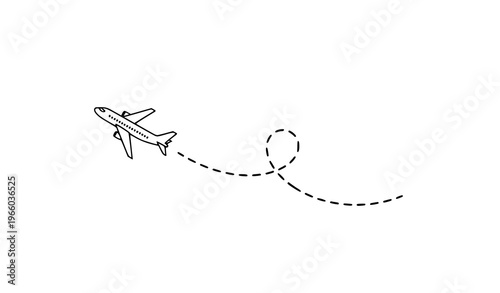 Minimal airplane path line icon with takeoff route travel symbol outline vector illustration isolated on white