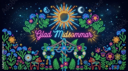 Illustration with bright luminous lines forming flowers, leaves, and sun motifs, dark backdrop enhancing the glowing effect, modern Scandinavian midsummer vibe, glowing Swedish text “Glad Midsommar”