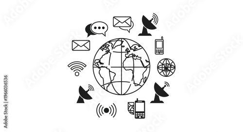 Global communication icons surrounding earth in black and white silhouette