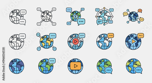 Linear global communication icons with speech bubbles and multimedia elements