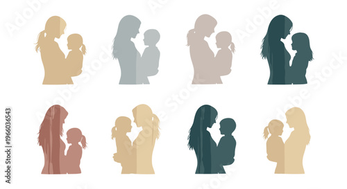Collection of diverse mother and child silhouettes embracing love and nurturing
