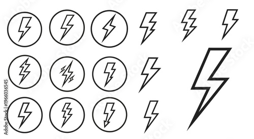 Lightning bolt icons set in linear style with circular and standalone variations
