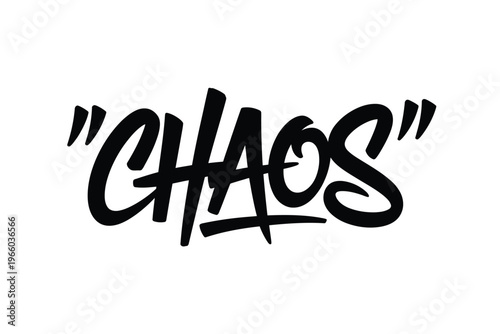 A striking black and white image depicting the word chaos in bold expressive graffiti style lettering
