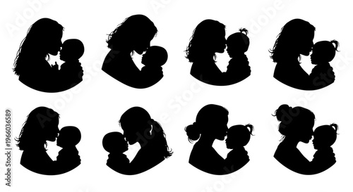 Diverse mother and child silhouette set showing love care and bonding
