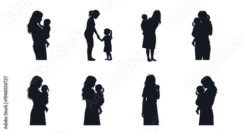 Diverse motherhood silhouettes moms holding babies and children in various poses