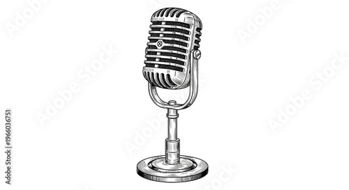 Retro microphone in vintage black and white sketch style