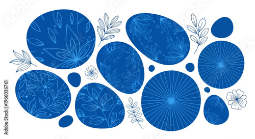 Abstract blue shapes with floral patterns and leaves on white background