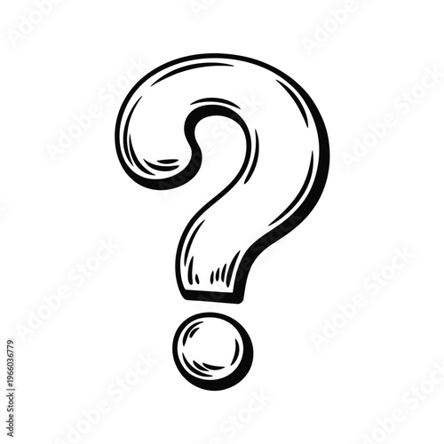 A black and white illustration depicts a stylized question mark with a dot below it