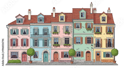 Charming colorful townhouses in classic architectural style
