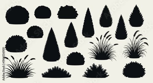 Elegant set of silhouette bushes and plants for design projects