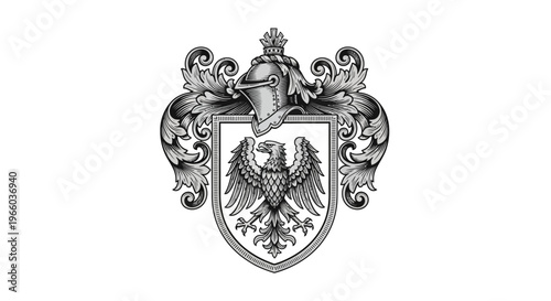 Intricate heraldic crest with eagle and knight helmet emblem design