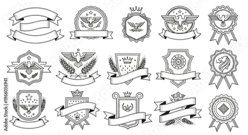 Vintage heraldic emblems collection with ribbons and shields