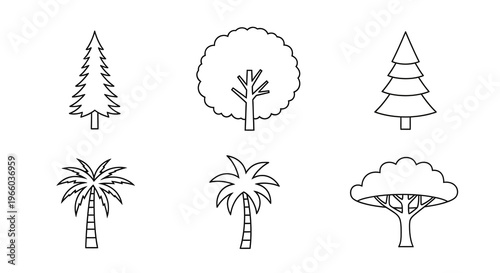 Minimalist tree icons collection featuring palm and conifer designs
