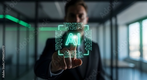 Executive Hand Activating Luminous Artificial Intelligence Interface in a Dimly Lit Modern Office Environment