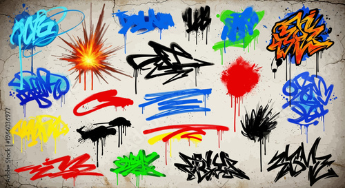 Colorful graffiti tags and splashes on grunge wall background
