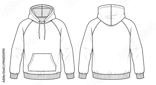 Front and back view of white hoodie with drawstring and pocket