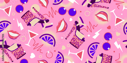 Seamless retro pattern of 80s-90s with disco elements. Pop art disco banner.  Memphis style background. Vector illustration