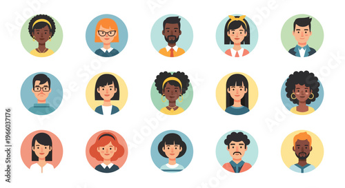 Diverse avatars set featuring people in circular frames on colorful backgrounds