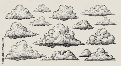 Sketch art of various cloud formations on vintage paper background
