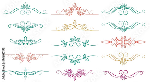 Elegant floral ornaments with colorful linear swirls for decorative design
