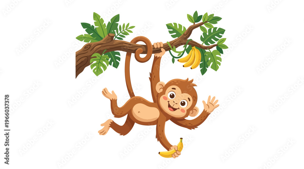 Fototapeta premium Monkey hanging from tree branch smiling.